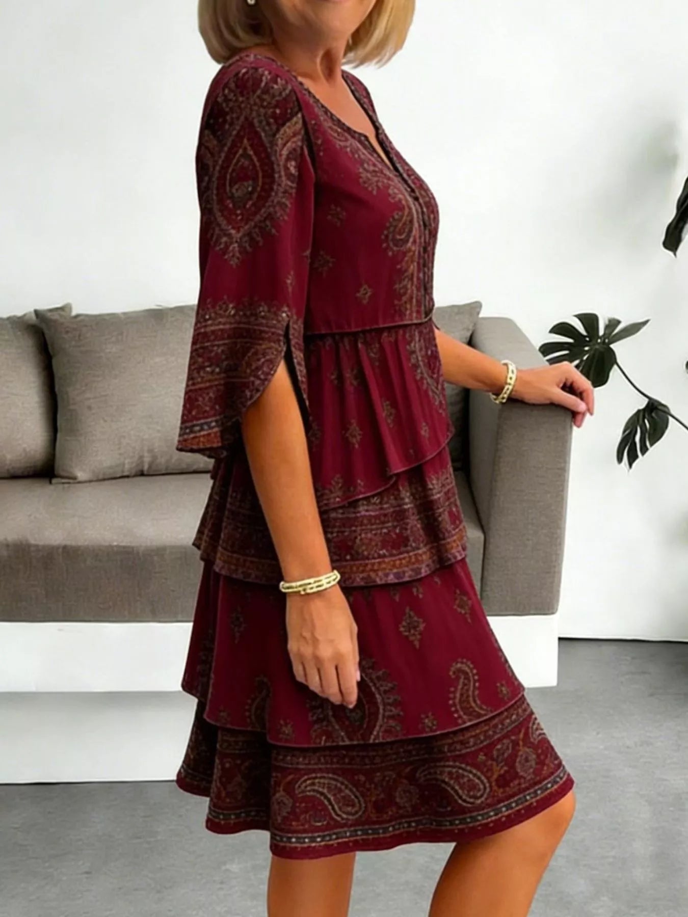 Full Size Paisley Print Layered Ruffle Mini Dress Plus Size