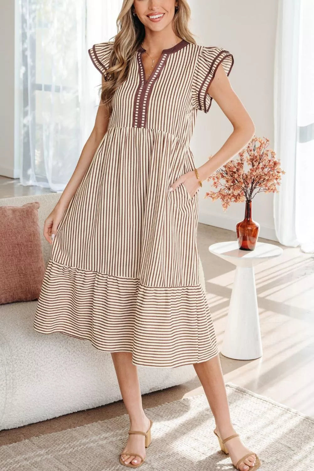 Stripe Plus Size Slit V Neck Tiered Flutter Sleeve Dress