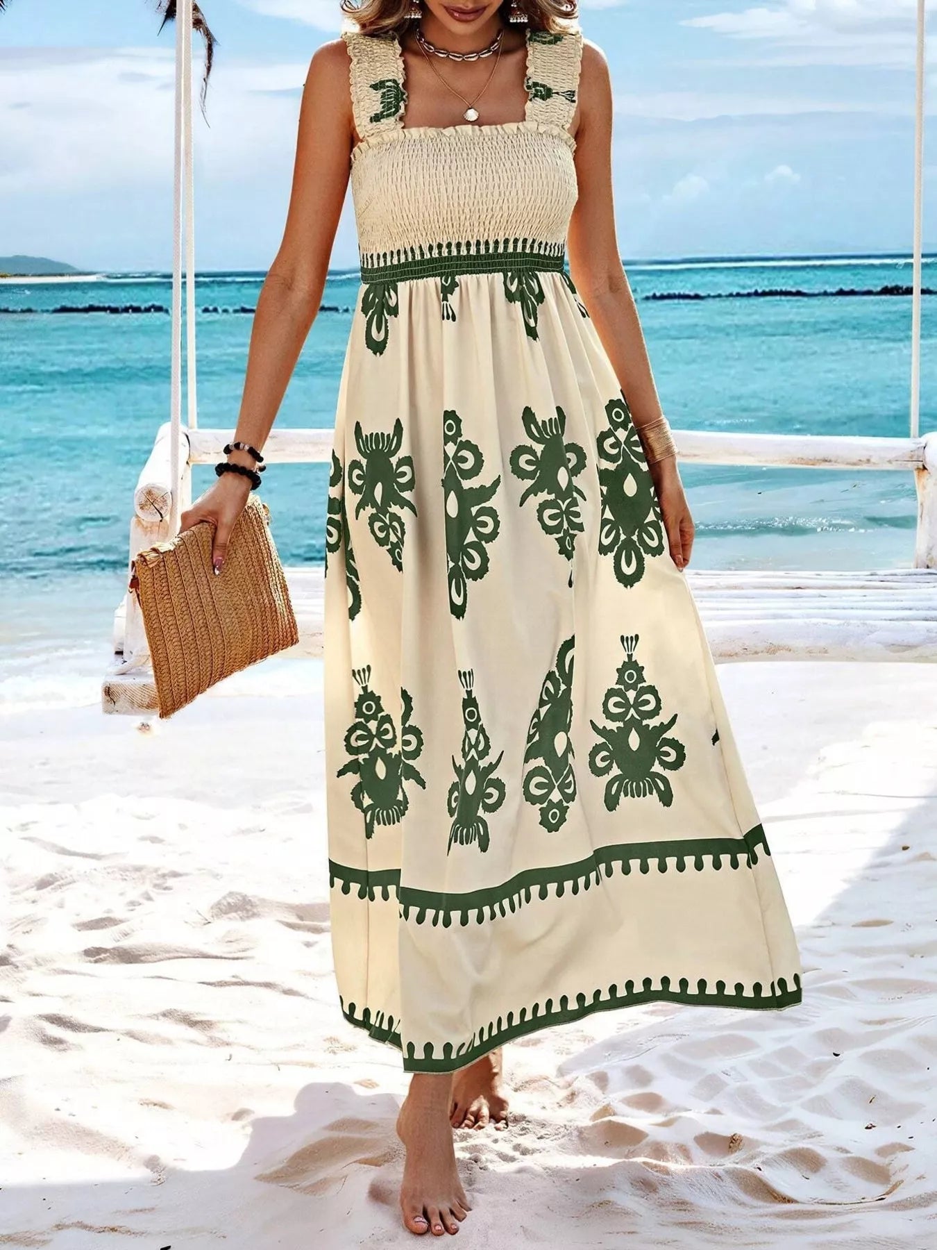 Smocked Printed Square Neck Maxi Dress