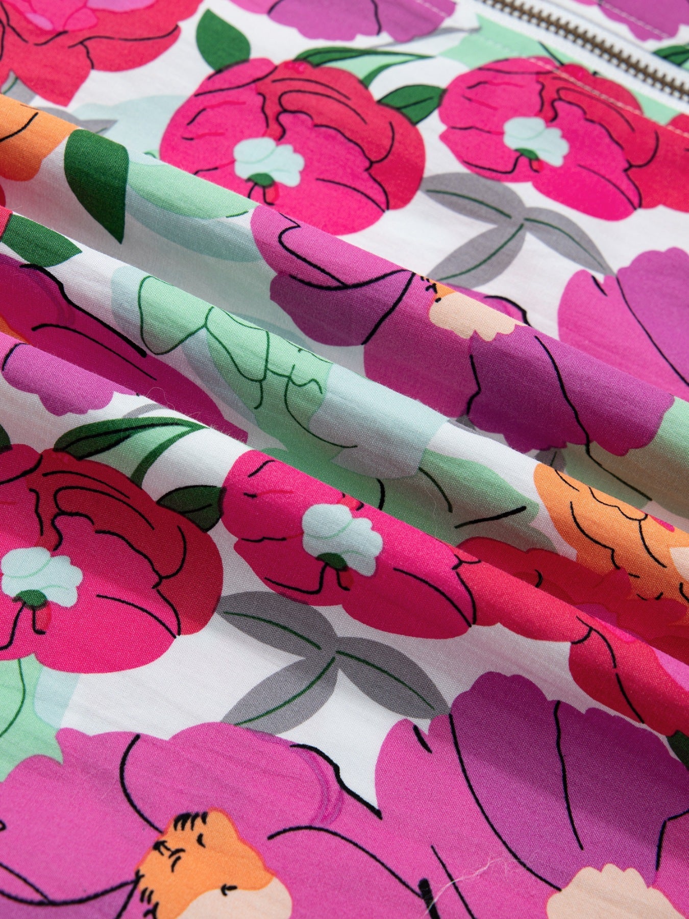 Vibrant Floral Print V Neck Zip Up Puffy Half Sleeve Dress