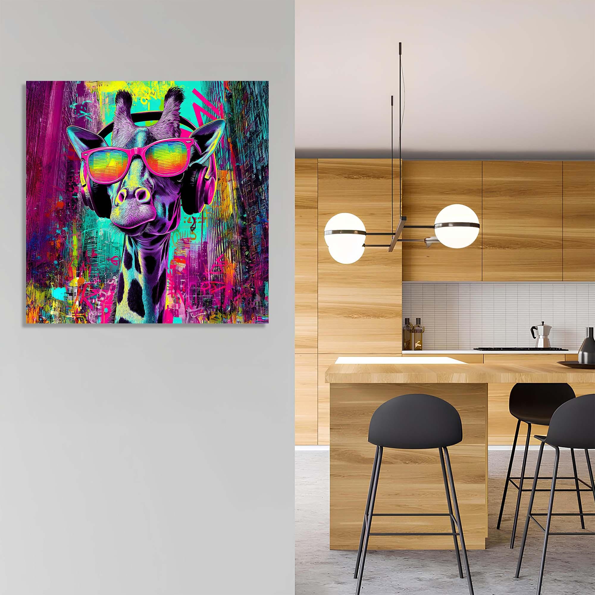 Urban Giraffe with Headphones Tempered Glass Wall Art | Colorful Graffiti Pop Wall Art | Modern Wall Decor