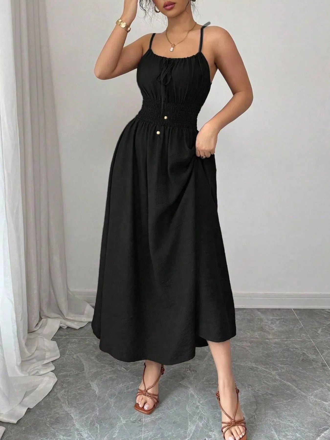 Smocked Spaghetti Strap Midi Dress