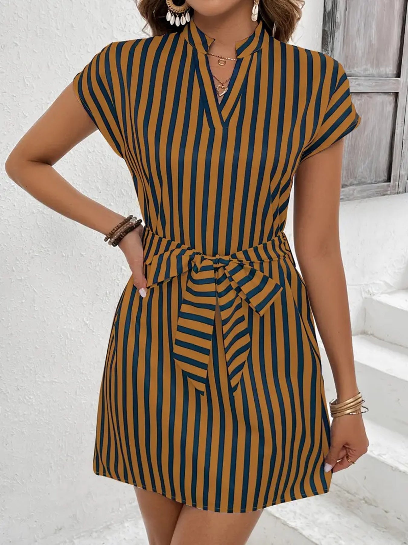 Striped Tie Waist Mini Dress