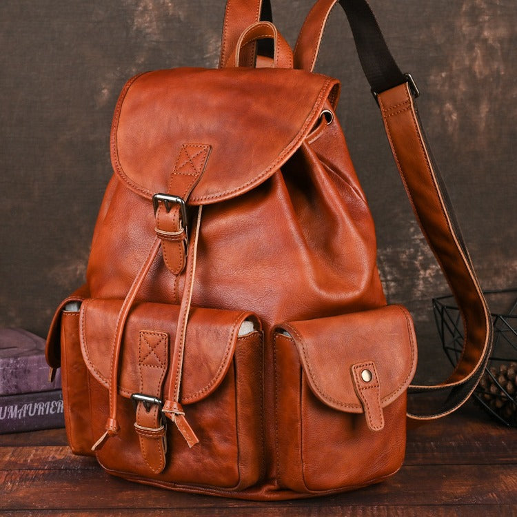 Retro Full-grain Leather Mens Backpack