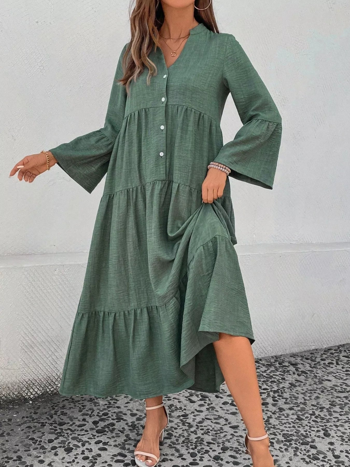 Ruffle Hem Button Front Tiered Dress