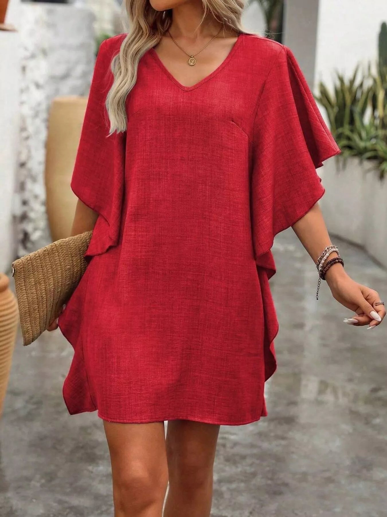 Ruffled Flutter Sleeve V-Neck Mini Dress