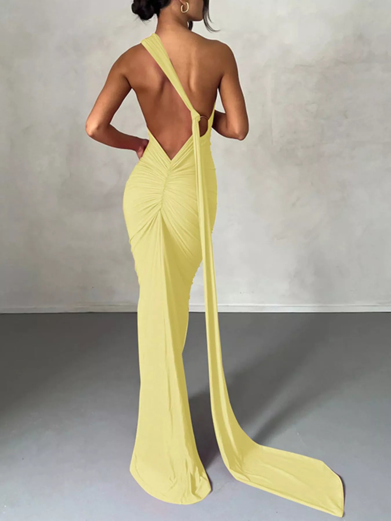 Backless One-Shoulder Ruched Bodycon Maxi Dress