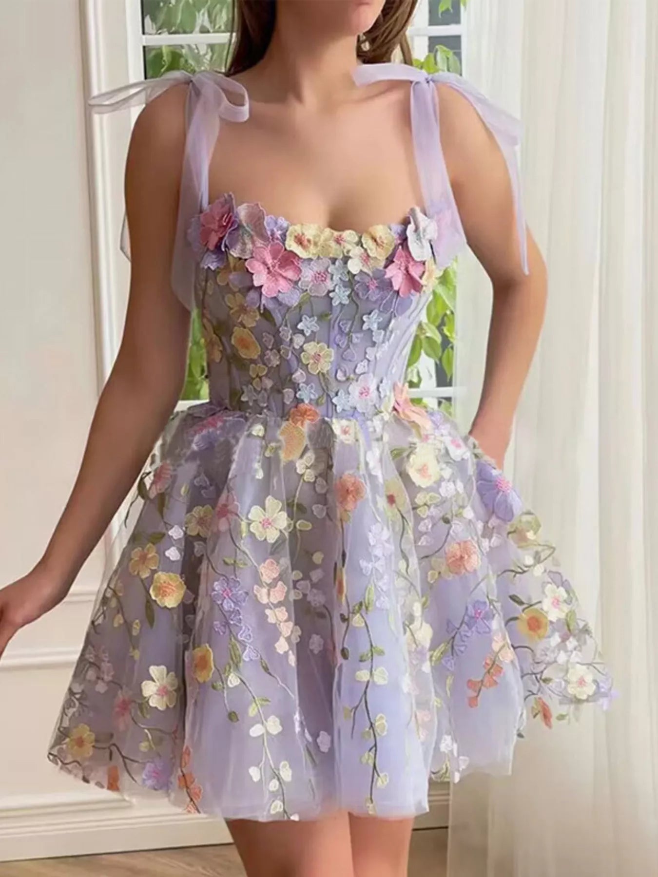 Floral Applique Tie Shoulder Mini Dress