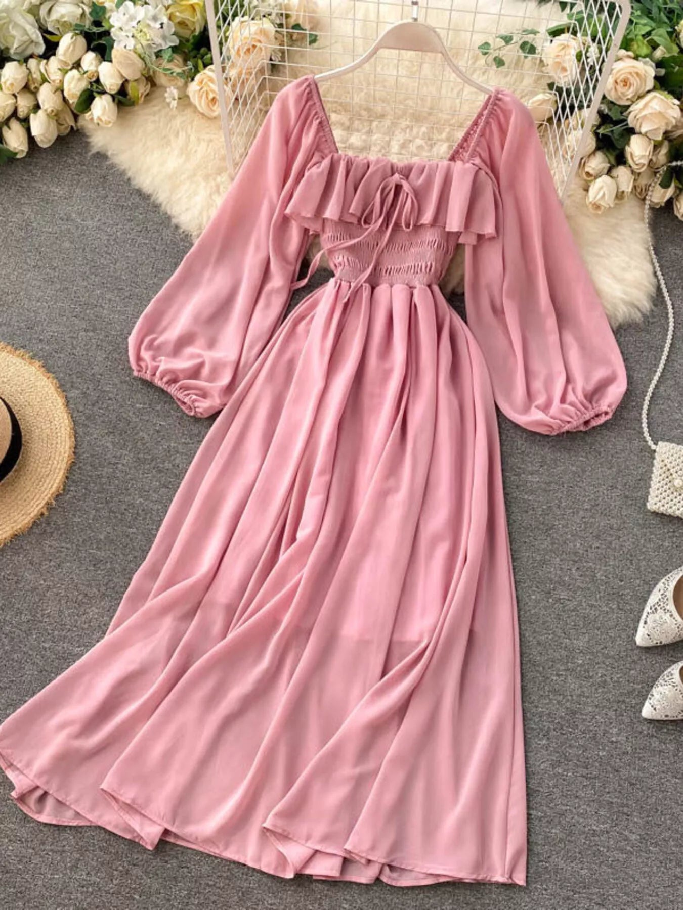 Ruffle Square Neck Balloon Sleeve A-Line Dress