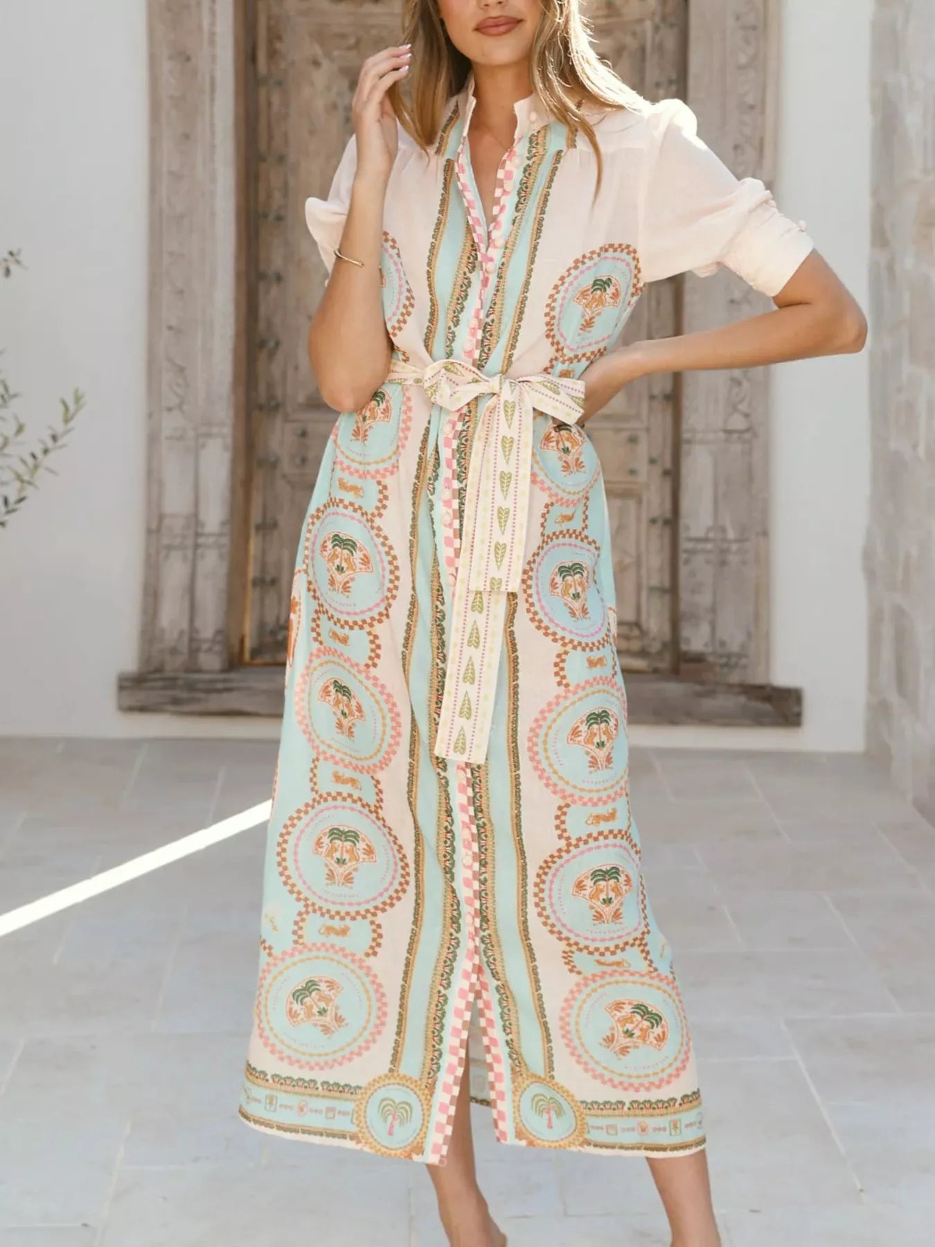 Printed Puff Sleeve Tie Waist Midi Dress