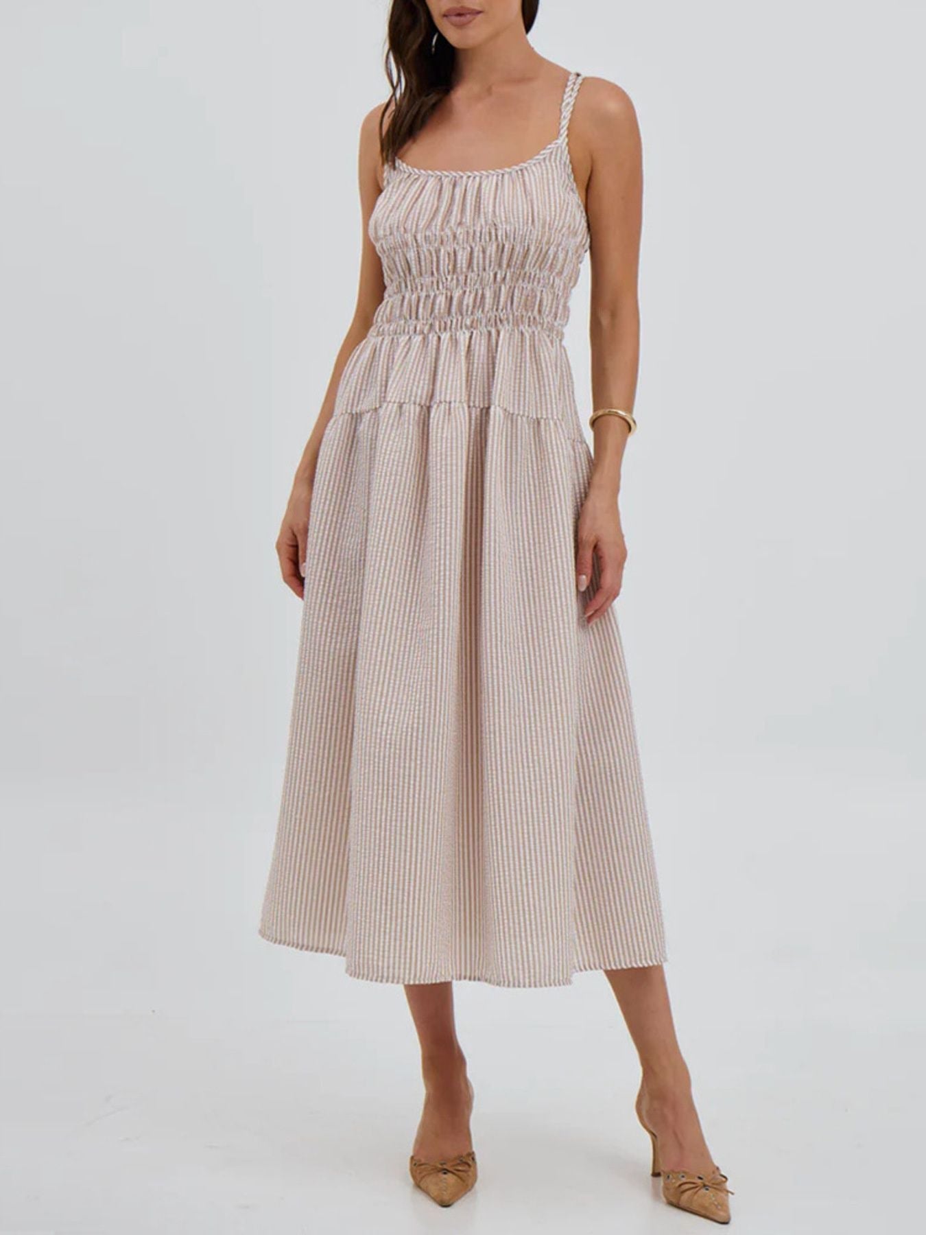 Striped Smocked Bodice Midi Dress
