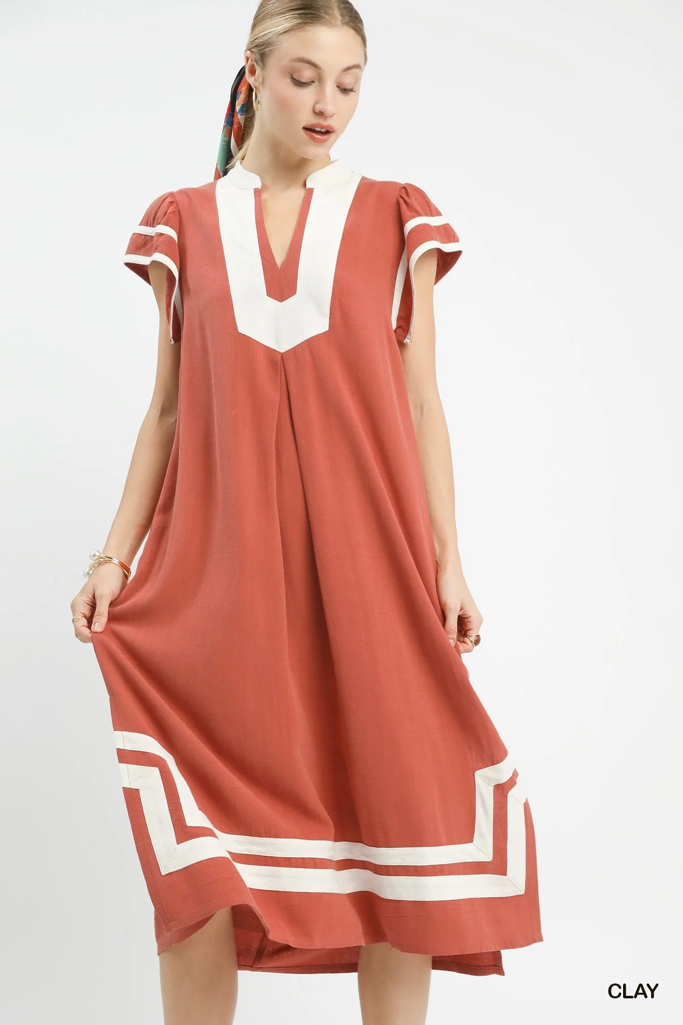 Umgee Linen Cotton Contrast Neckline Midi Dress
