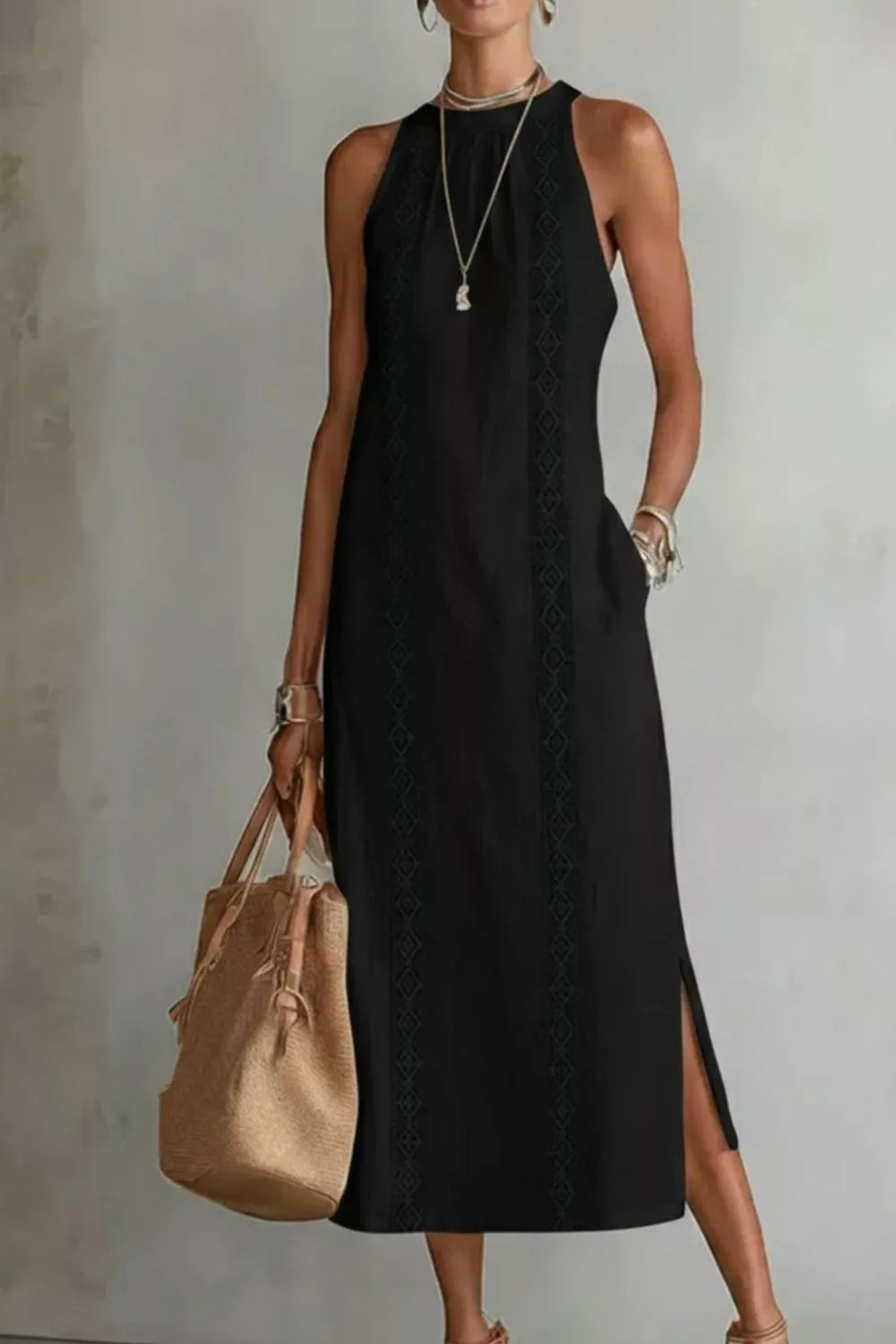 Sleeveless Side Slit Dress with Pockets