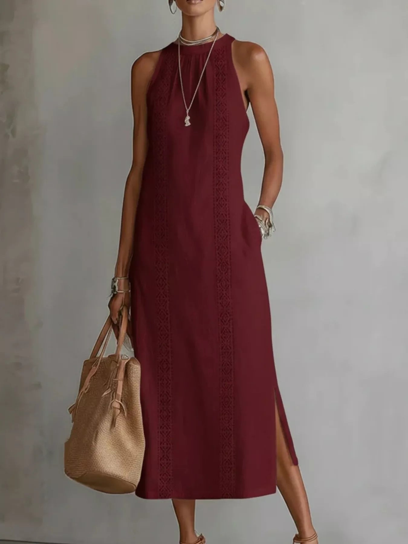 Full Size Sleeveless Lace Trim Midi Dress Plus Size