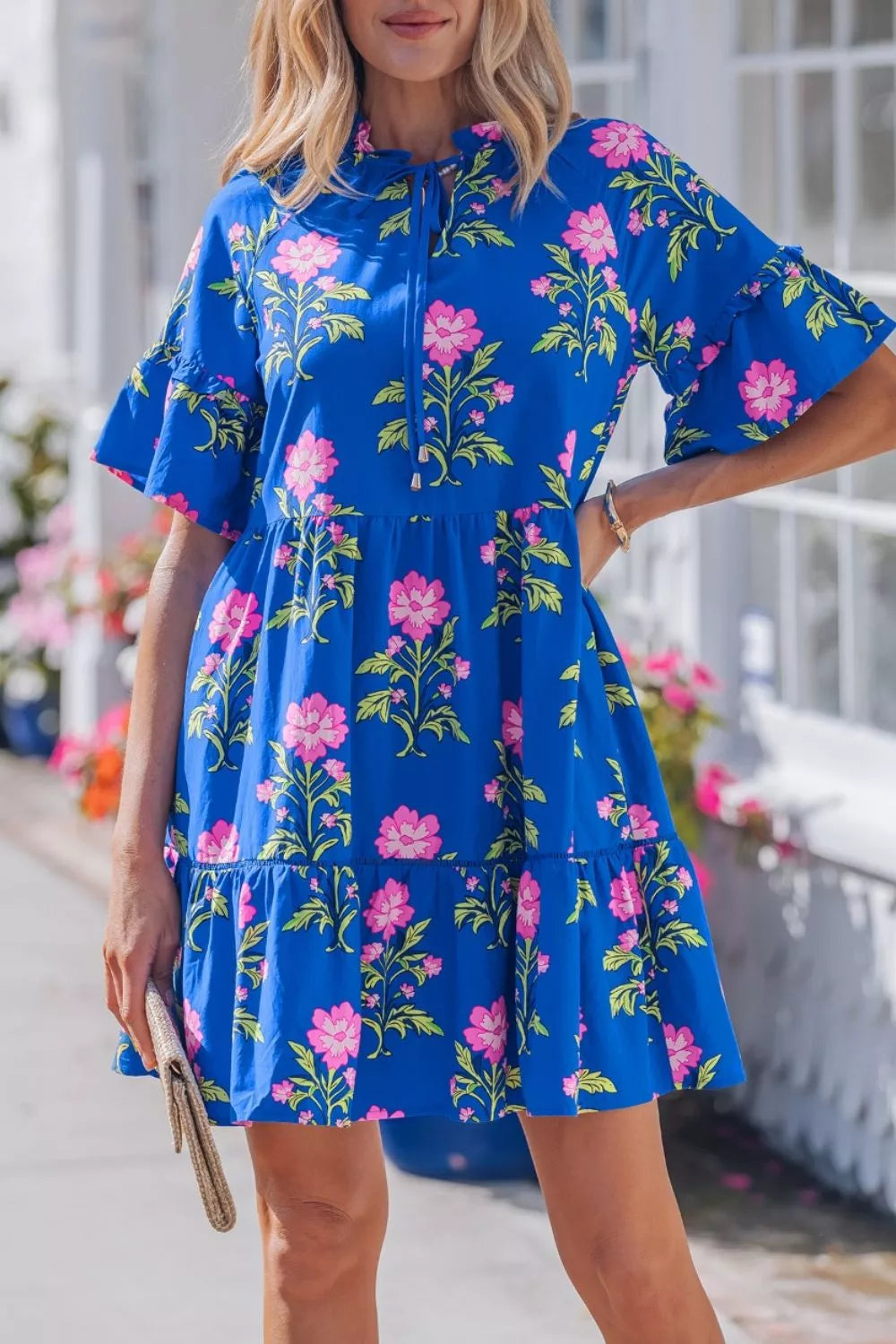 V Neck Short Sleeve Loose Flower Dress