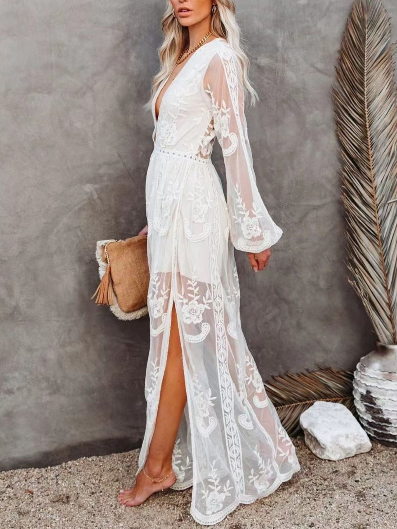 Floral Lace Slit Maxi Dress