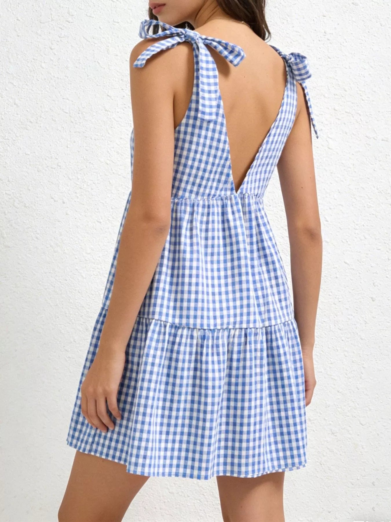 Gingham Tie-Shoulder Ruffle Hem Mini Dress