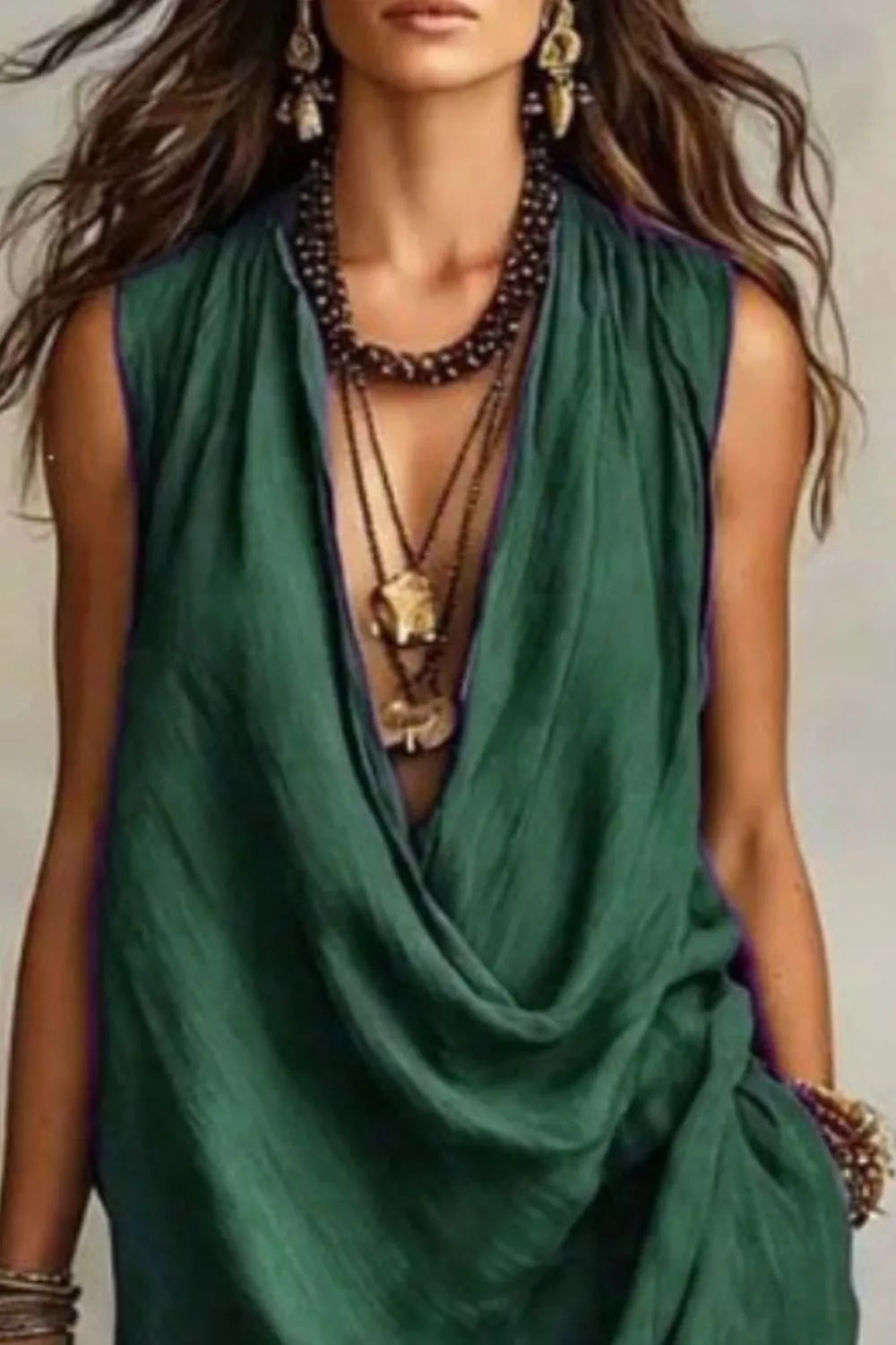 Sleeveless Drape Neck Midi Dress
