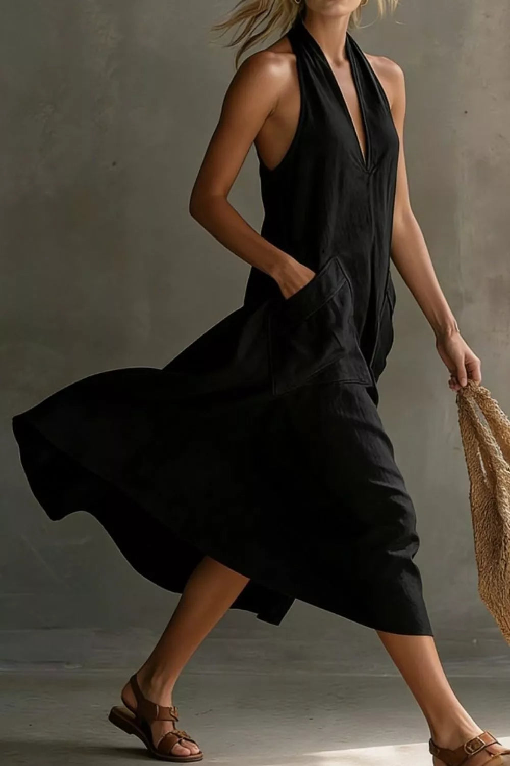 Casual Halter Neck Pocket Midi Dress