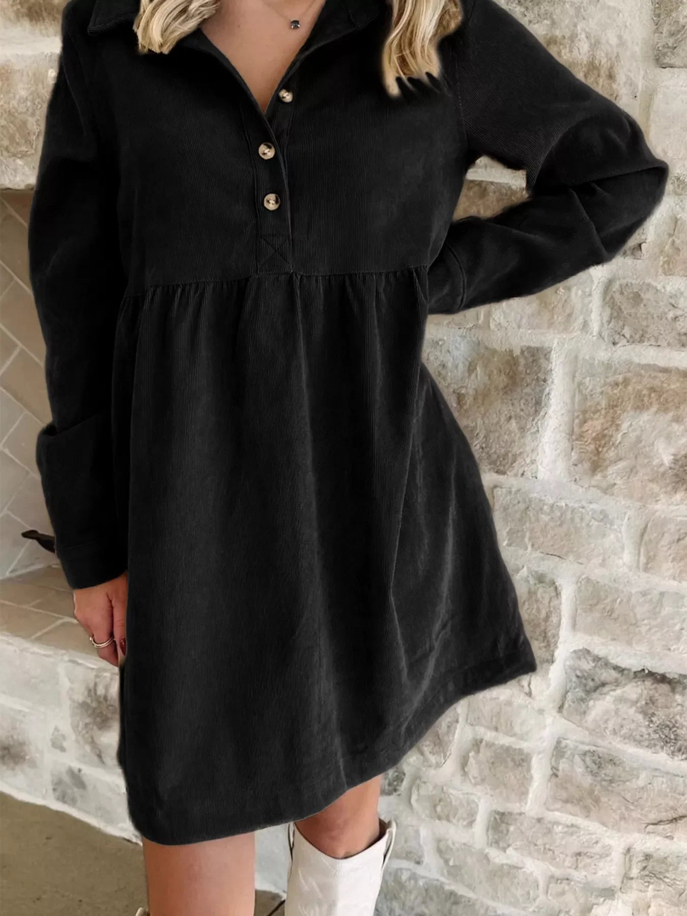 Casual Corduroy Button Detail Mini Dress