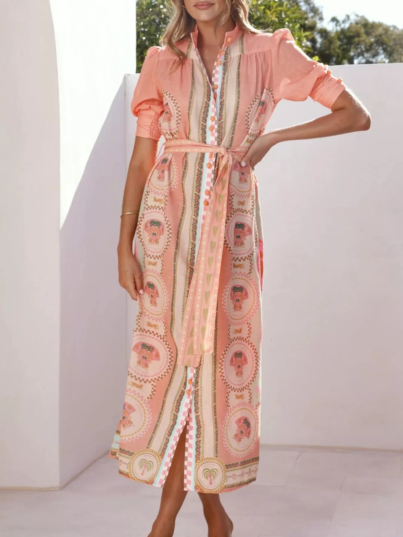 Printed Puff Sleeve Tie Waist Midi Dress