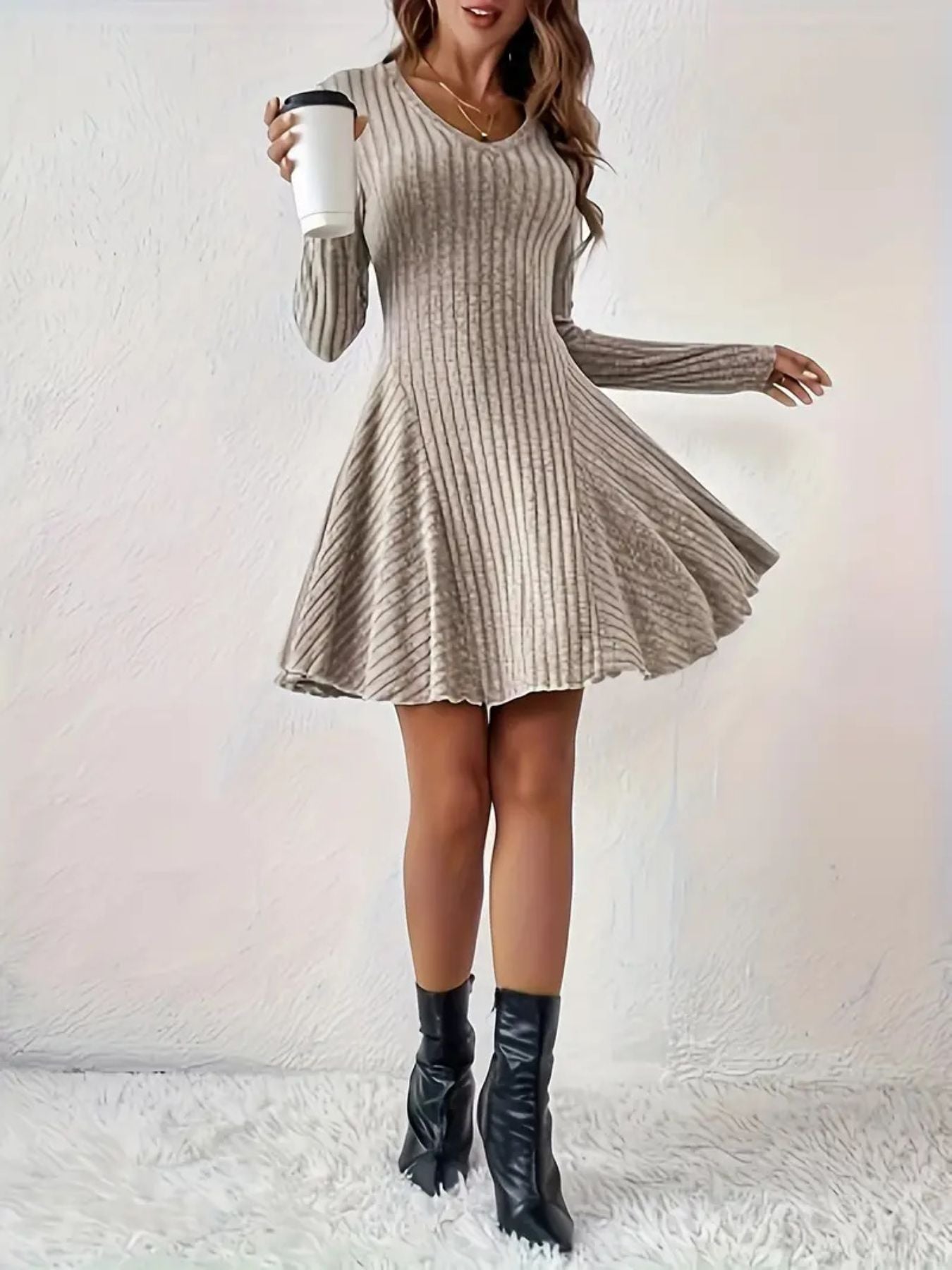 Ribbed Knit Long Sleeve A-Line Dress