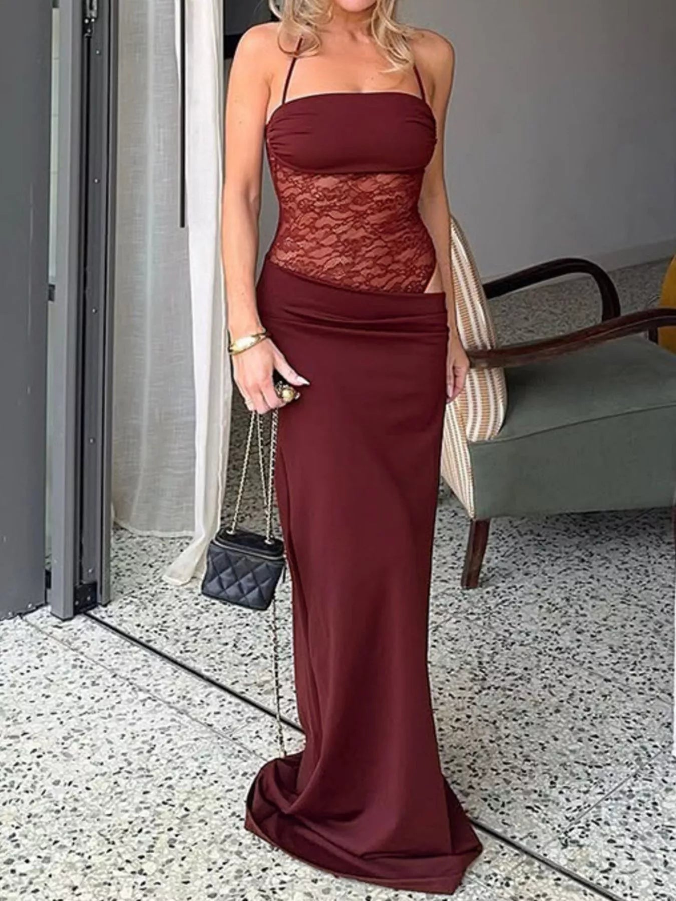 Lace Panel Bodycon Maxi Dress