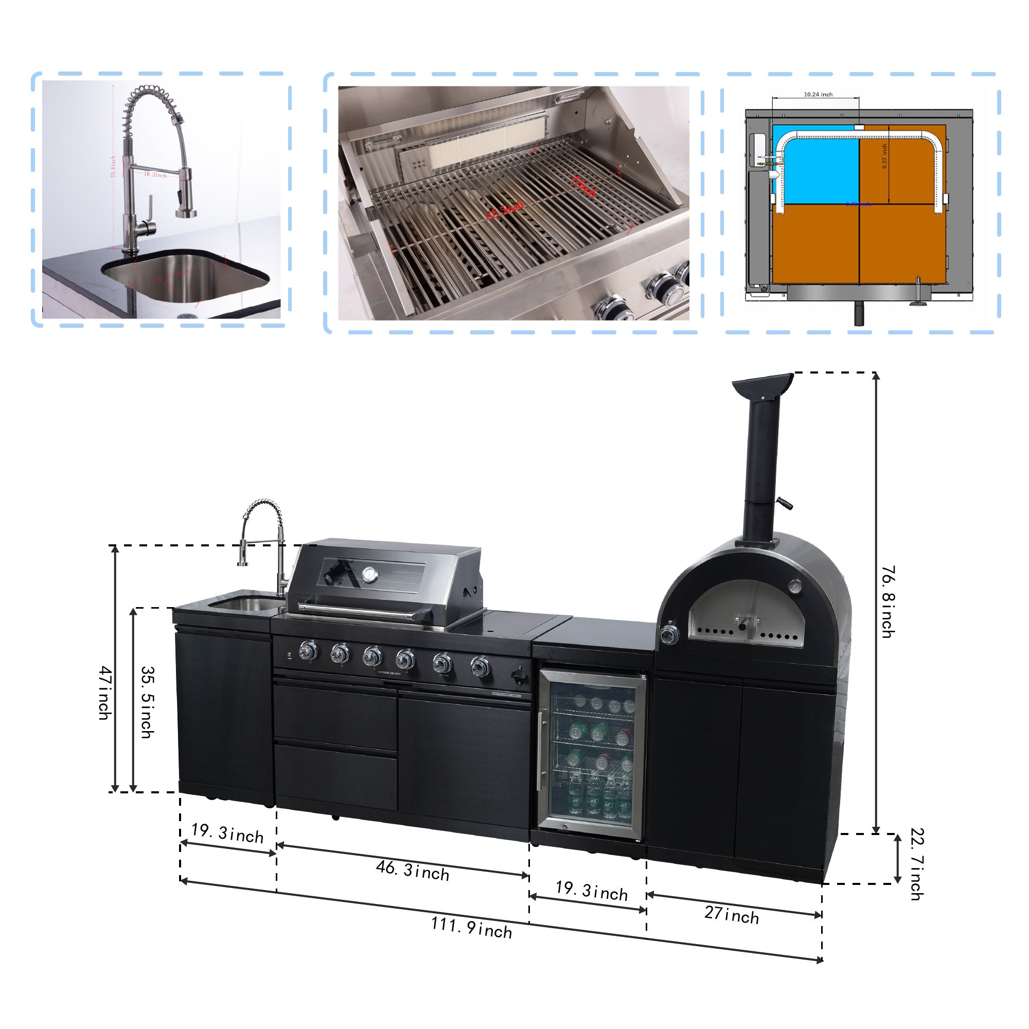 Black 112-Inch Stainless Steel Gas Outdoor Kitchen Barbecue Grill