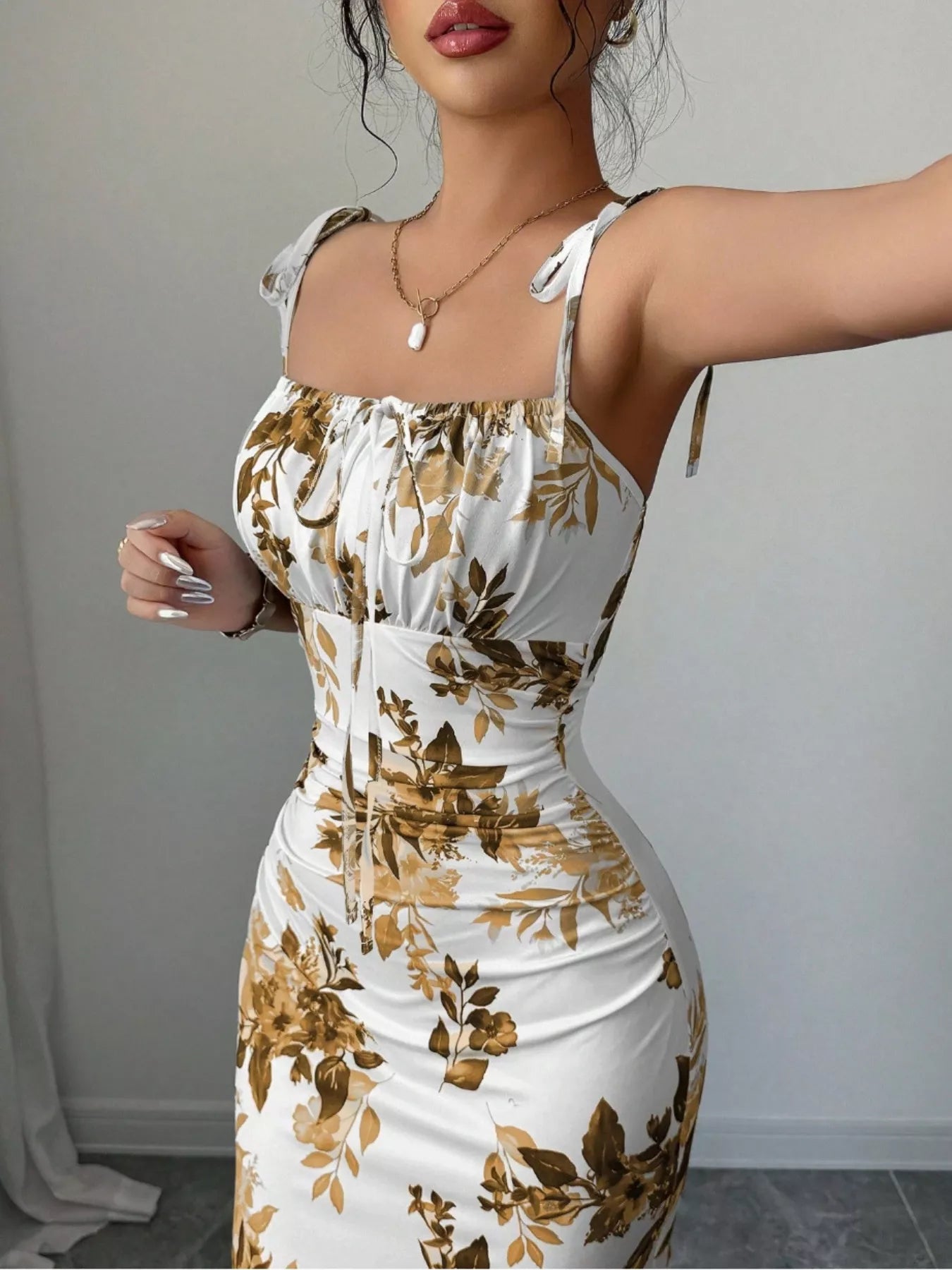 Printed Tie Strap Slit Maxi Dress
