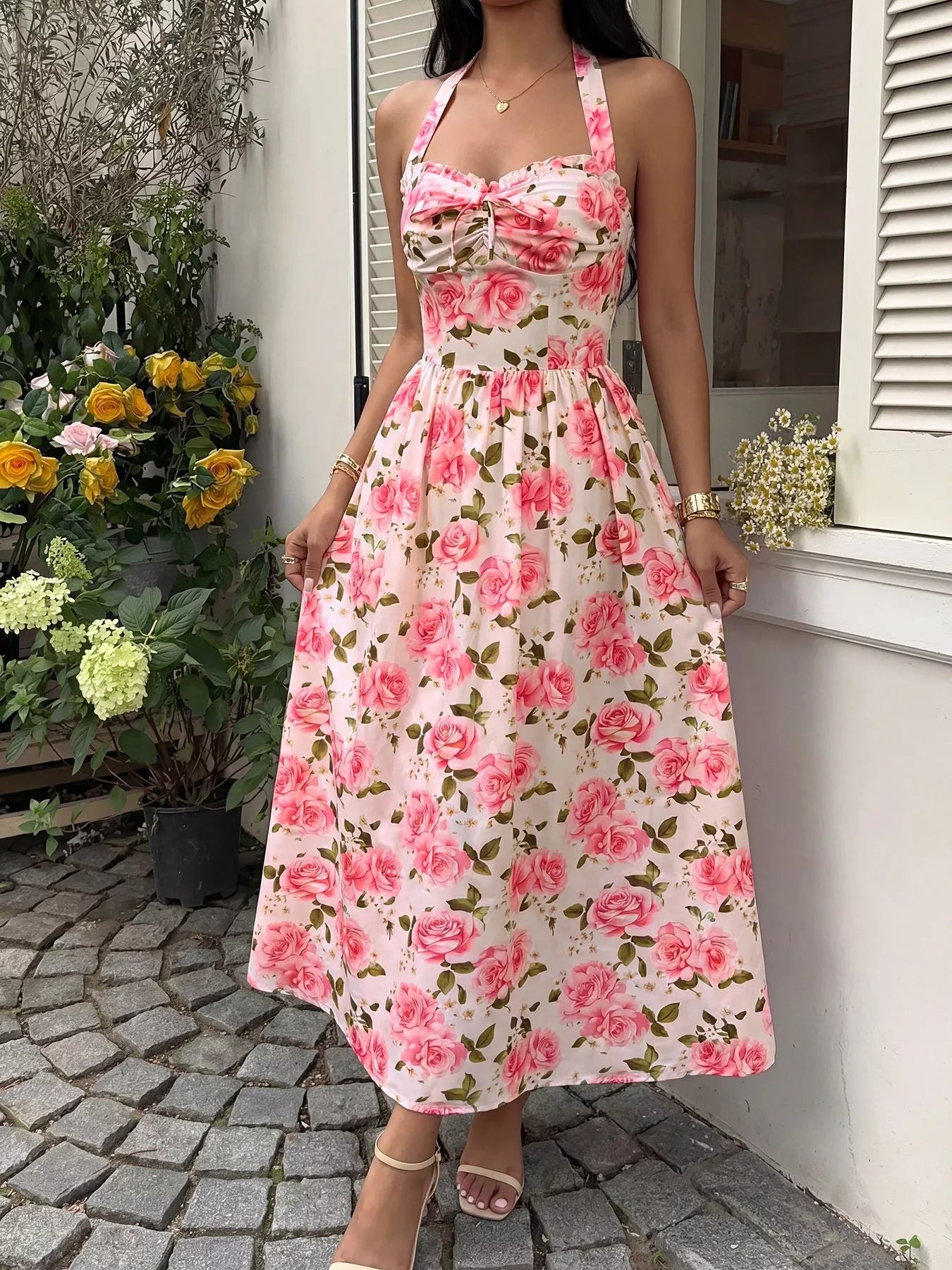 Floral Print Halter Neck Midi Dress