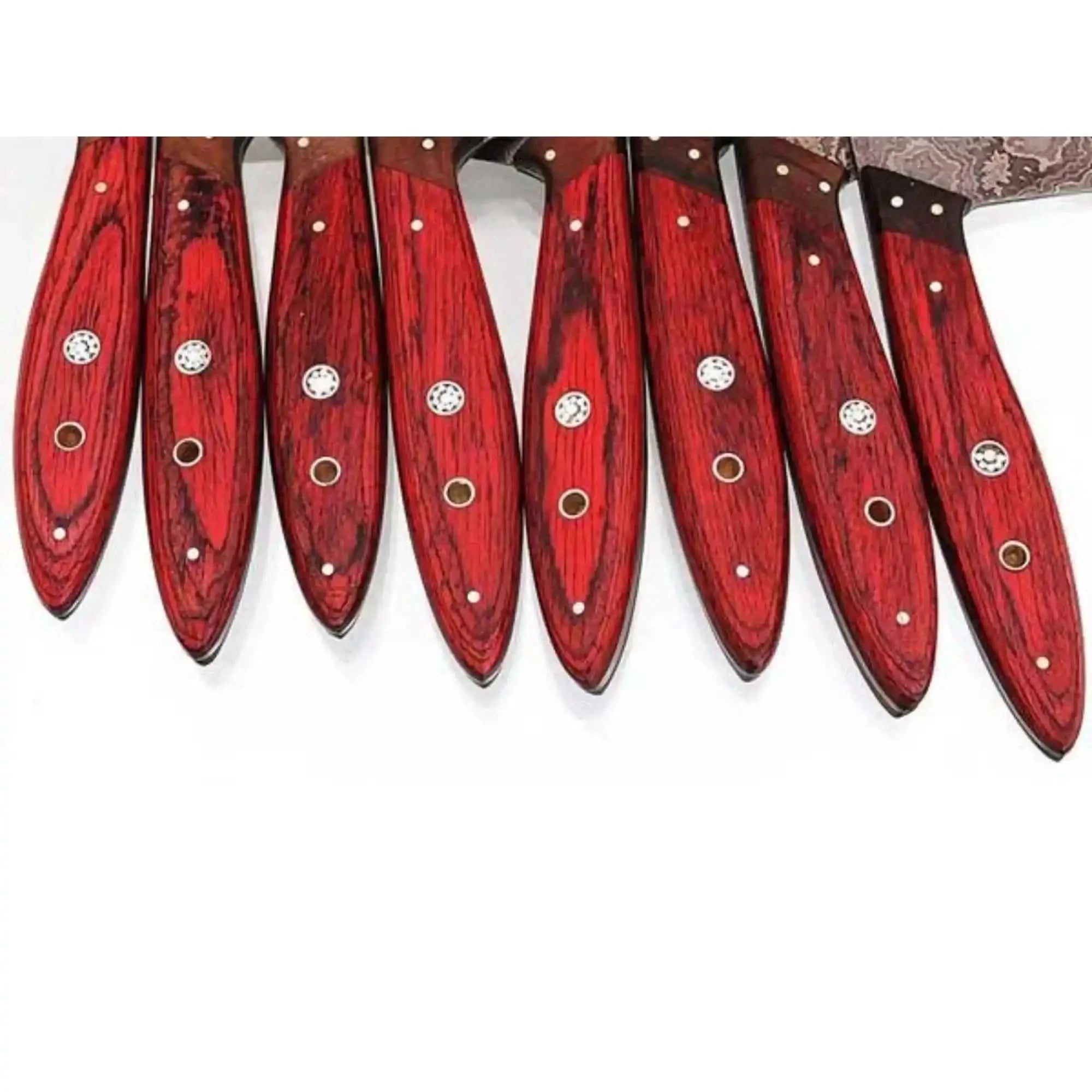 8 Piece Damascus Knife Set with Red Pakka Handles and Leather Roll