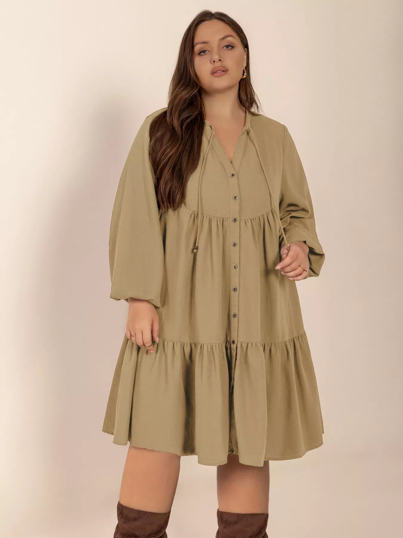 Plus Size Tie Neck Balloon Sleeve Dress