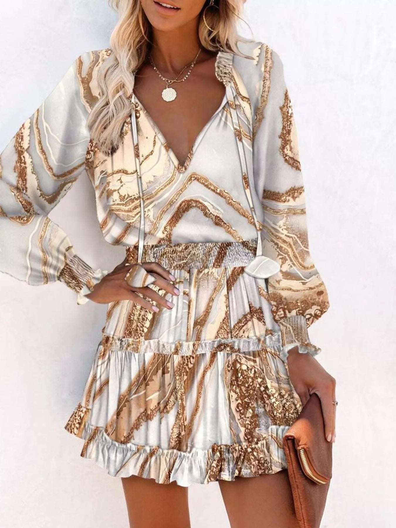 Tie Neck Lantern Sleeve Dress