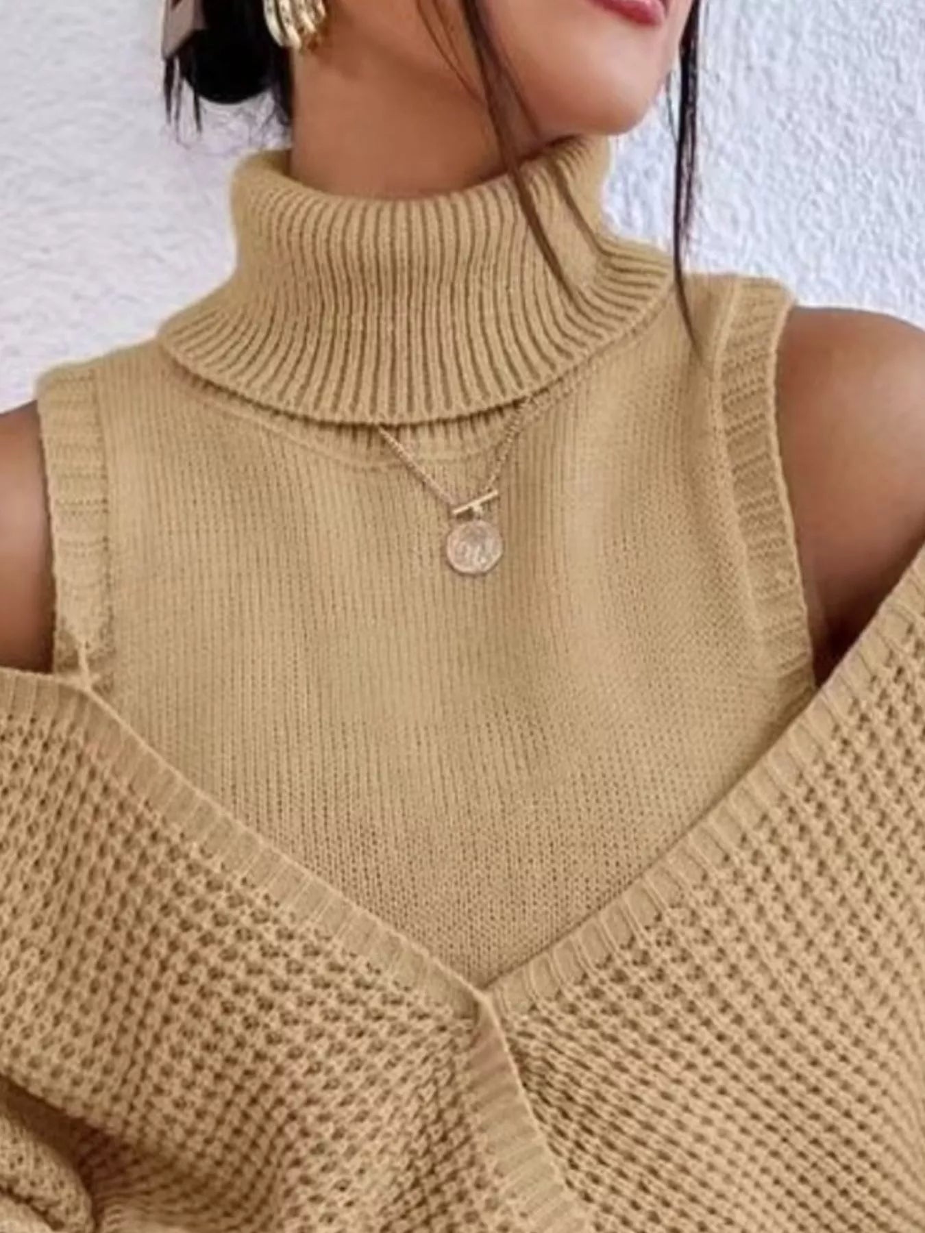 Waffle Knit Cold Shoulder Turtleneck Sweater