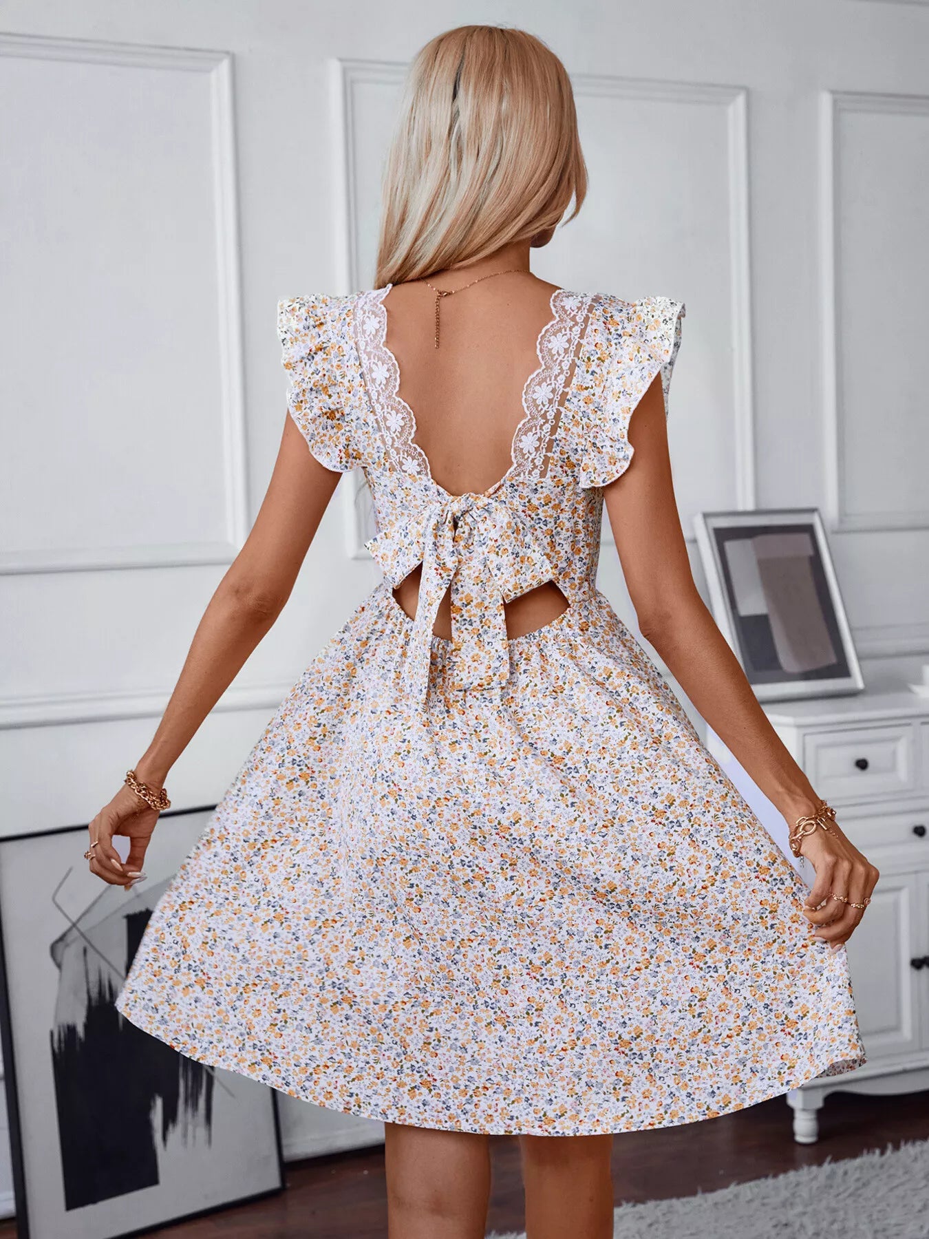 Floral Print Lace Trim Tie Back Mini Dress