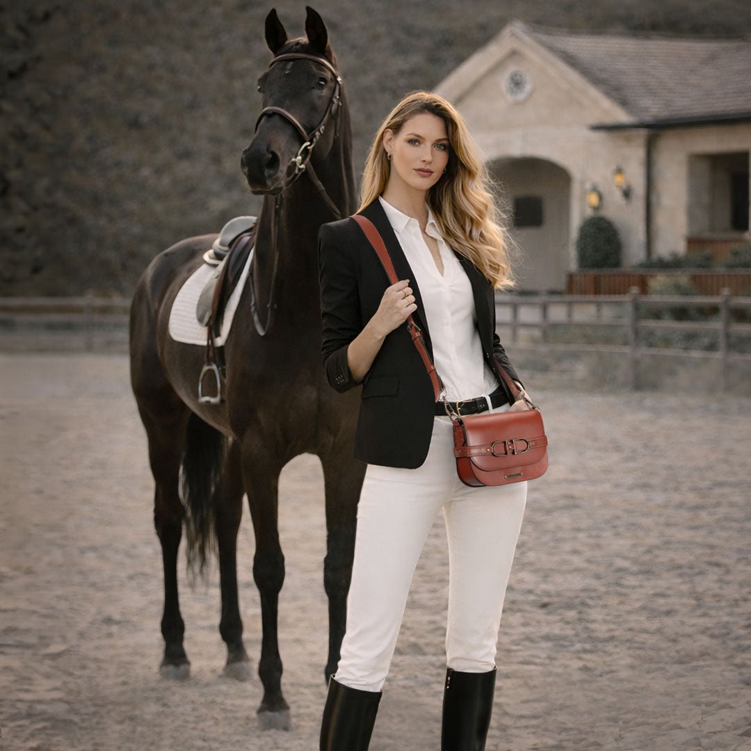Delaney - Equestrian Stirrup Crossbody Luxury Leather Handbag in Cognac