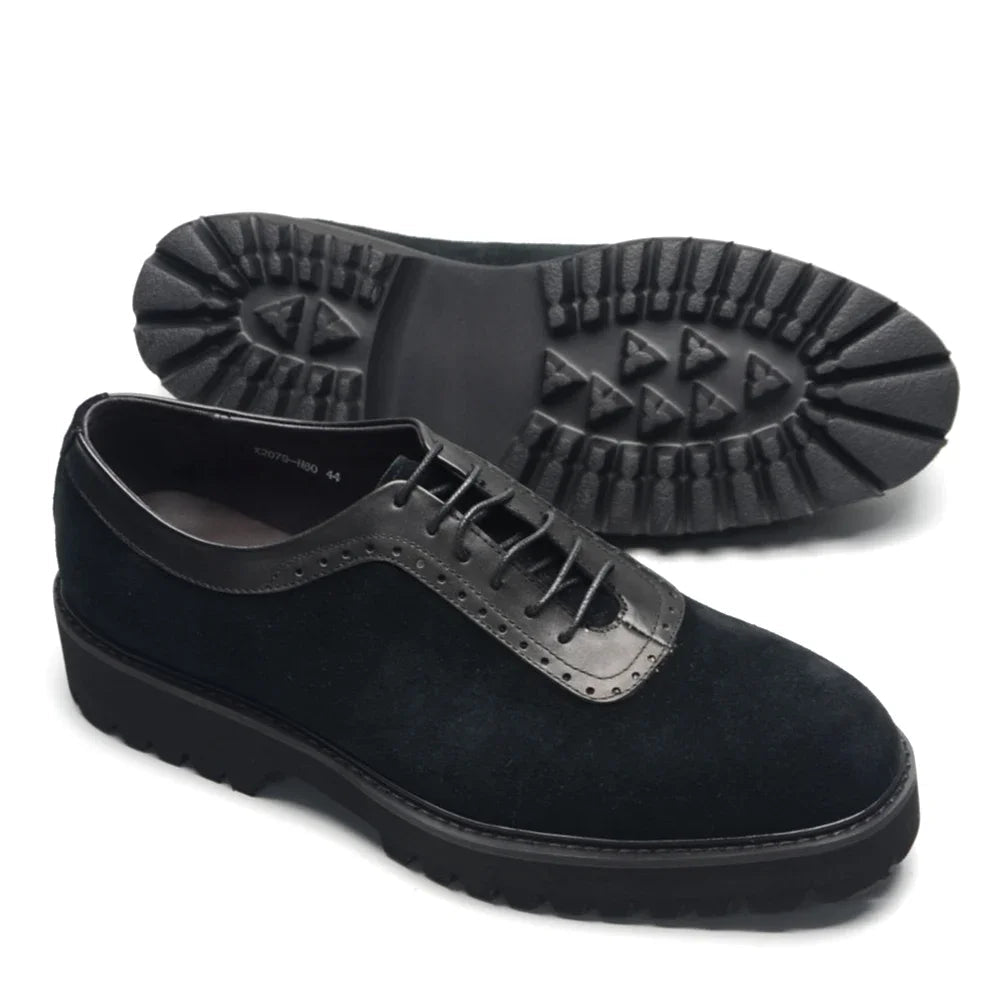 Designer Luxury Platform Oxfords for Men | Cow Suede Genuine Leather Black & Blue Casual Shoe (Height Increasing) - Overture Gifts