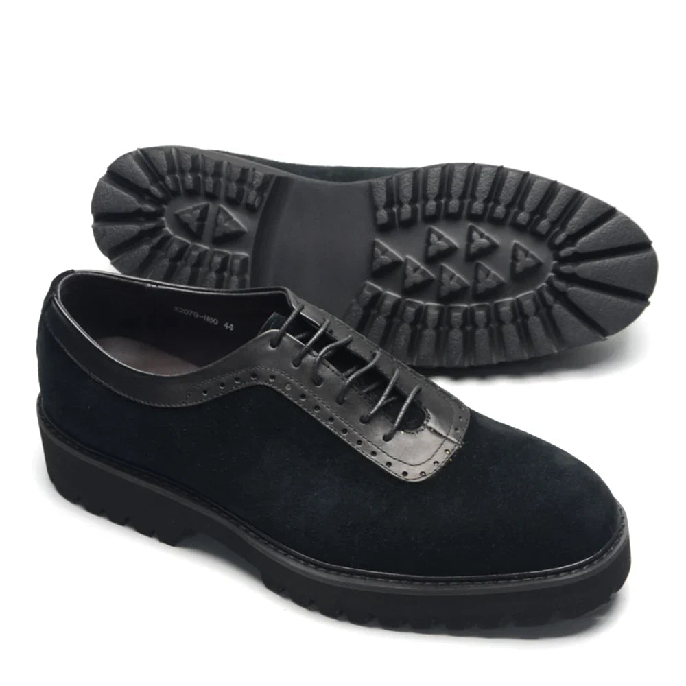 Designer Luxury Platform Oxfords for Men | Cow Suede Genuine Leather Black & Blue Casual Shoe (Height Increasing) - Overture Gifts