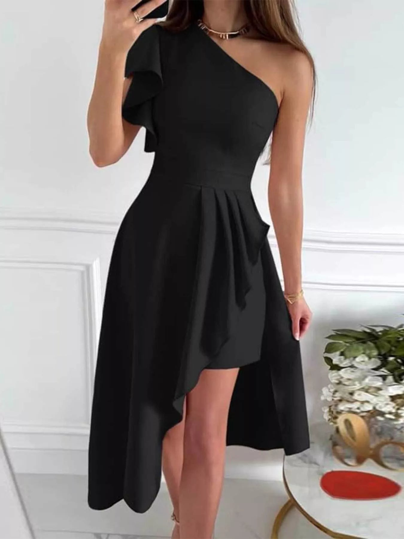 One-Shoulder Ruffle High-Low Dress