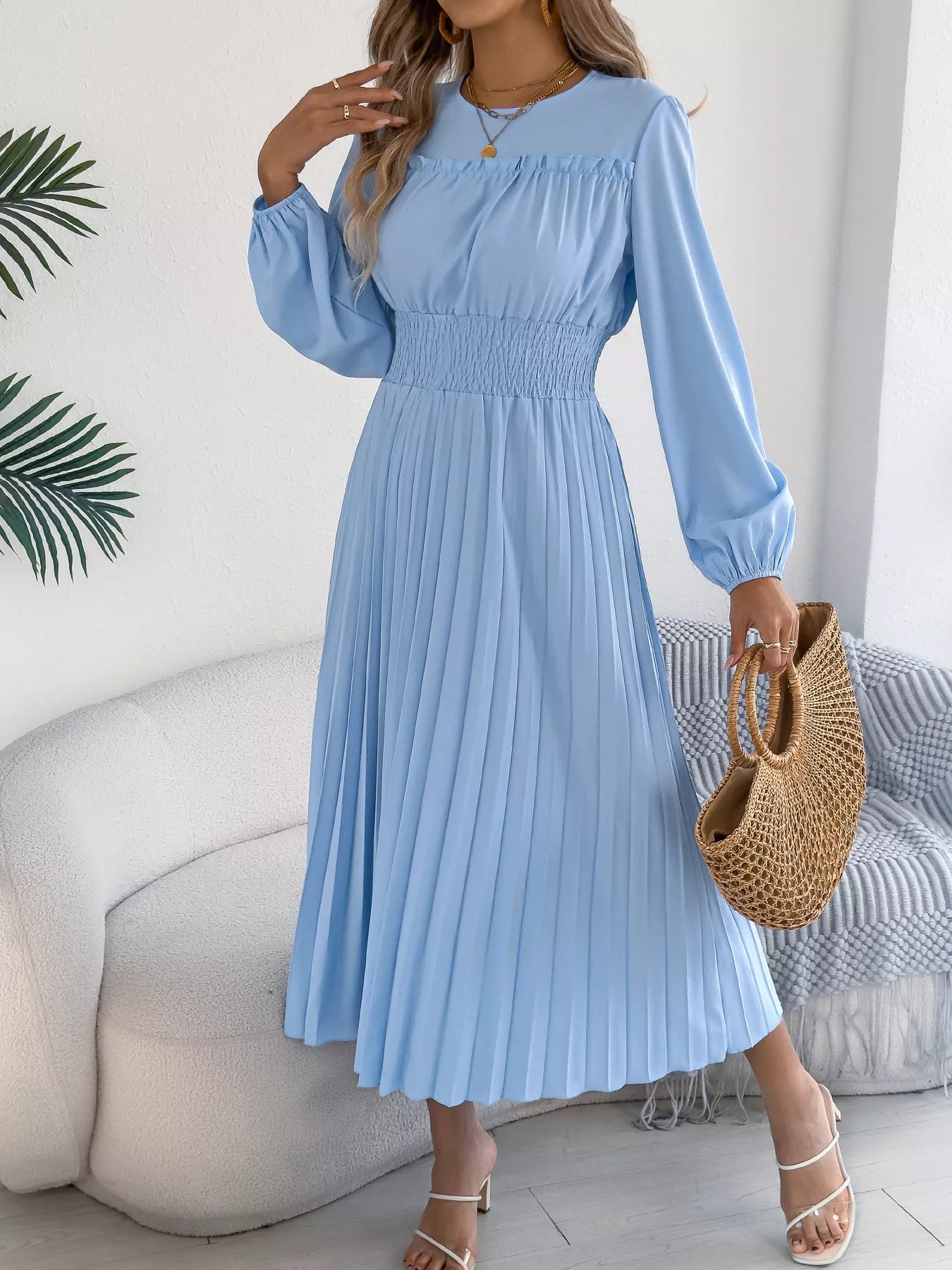 Smocked Pleated Long Sleeve Midi Dress