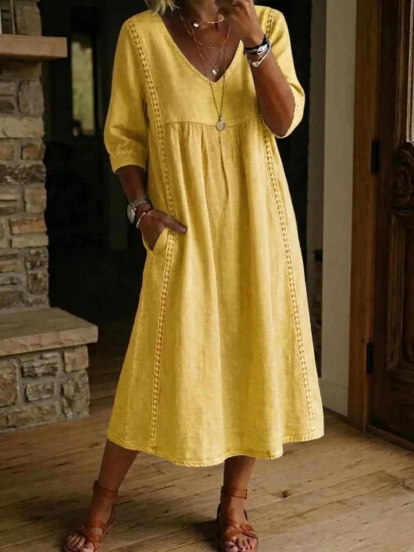 Full Size V-Neck 3/4 Sleeve Midi Dress Plus Size