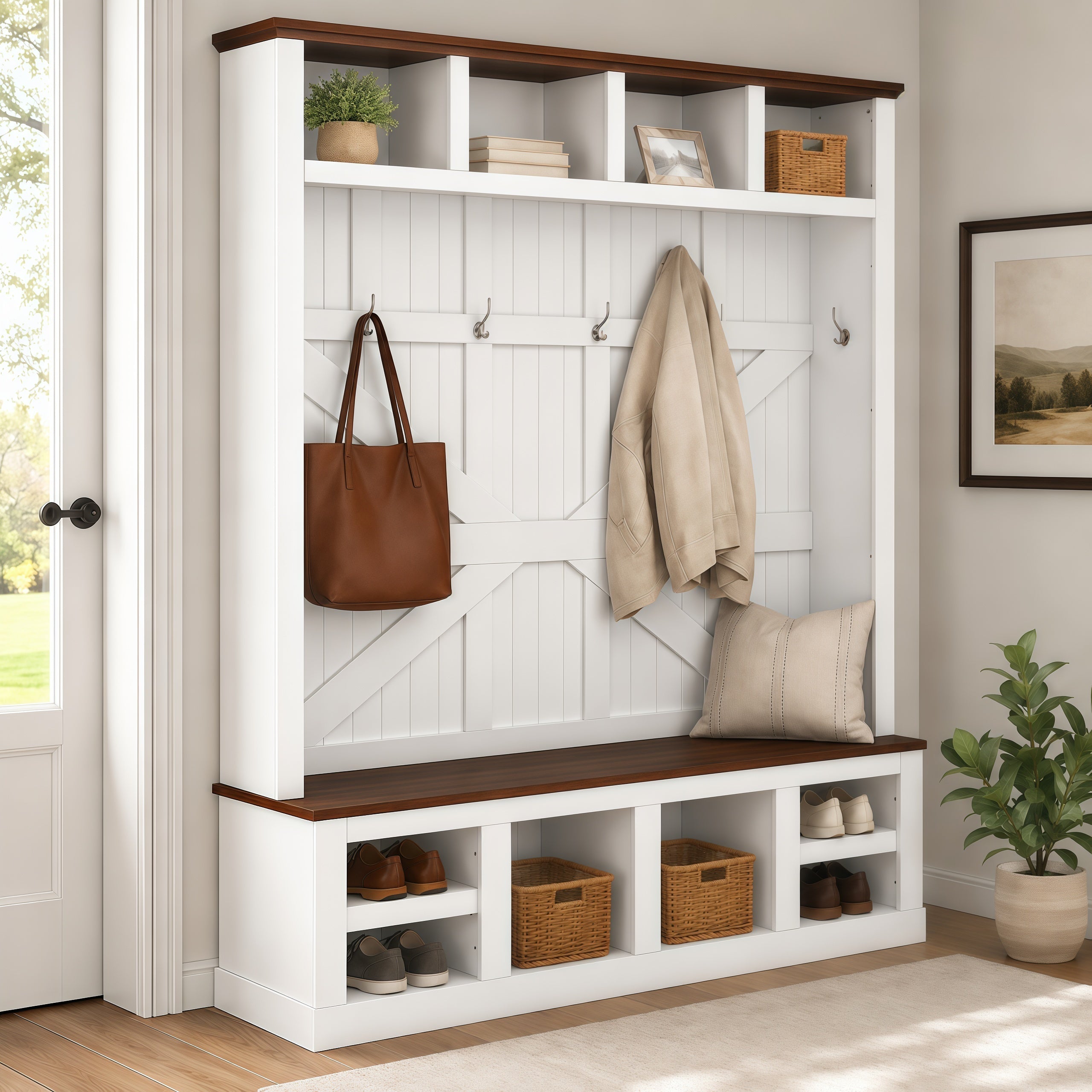 Farmhouse Hall Tree with Bench and Shoe Storage