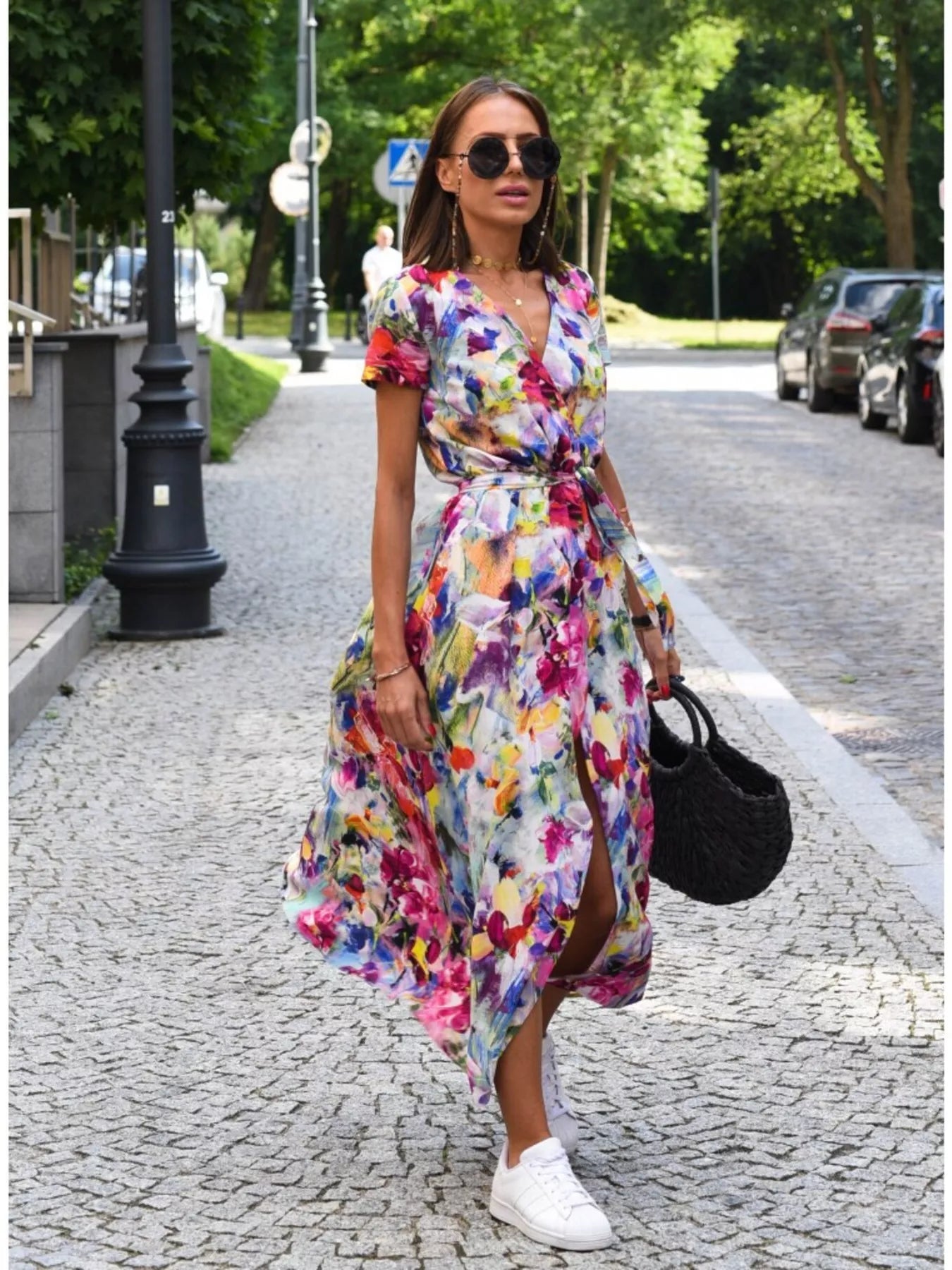 Surplice Short Sleeve Midi Dress