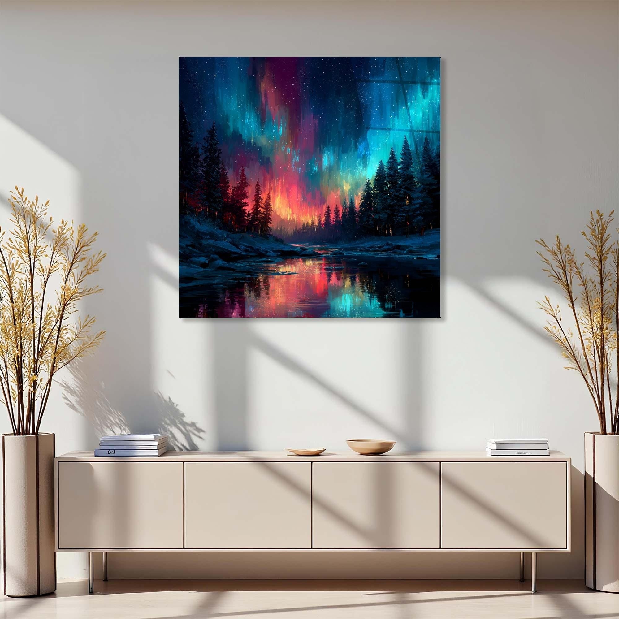 Aurora Borealis Tempered Glass Wall Art | Forest Landscape Decor