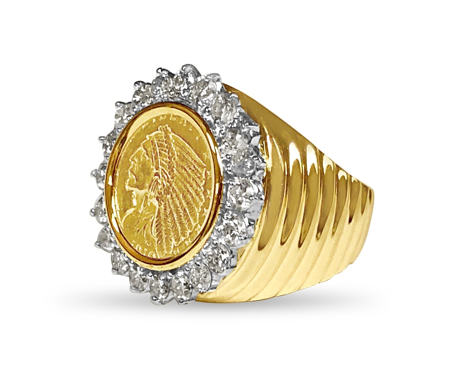 Diamond Fancy Solid White/Yellow/Rose Gold Handmade Coin Ring , Indian Head Coin , - Overture Gifts