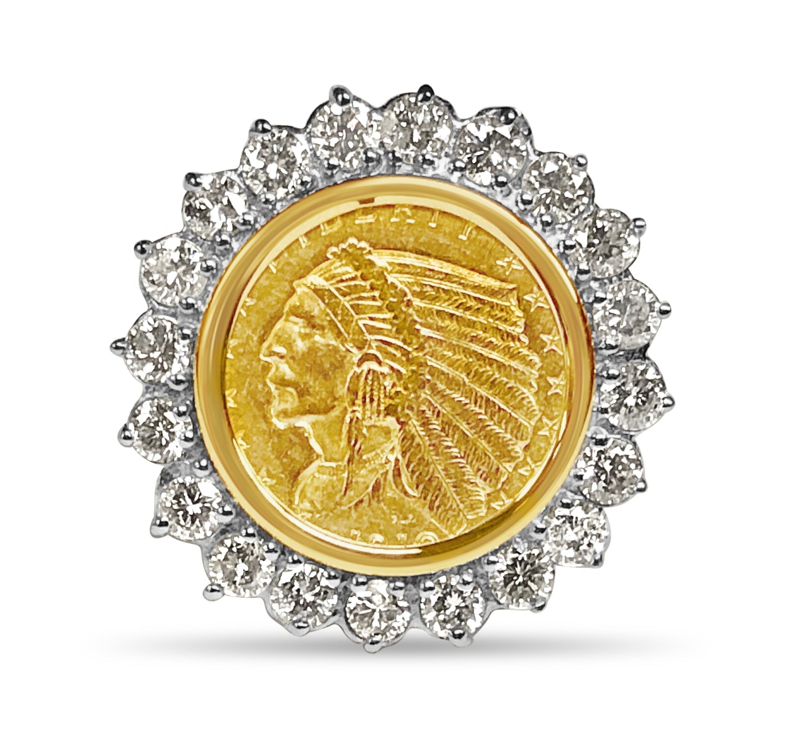 Diamond Fancy Solid White/Yellow/Rose Gold Handmade Coin Ring , Indian Head Coin , - Overture Gifts