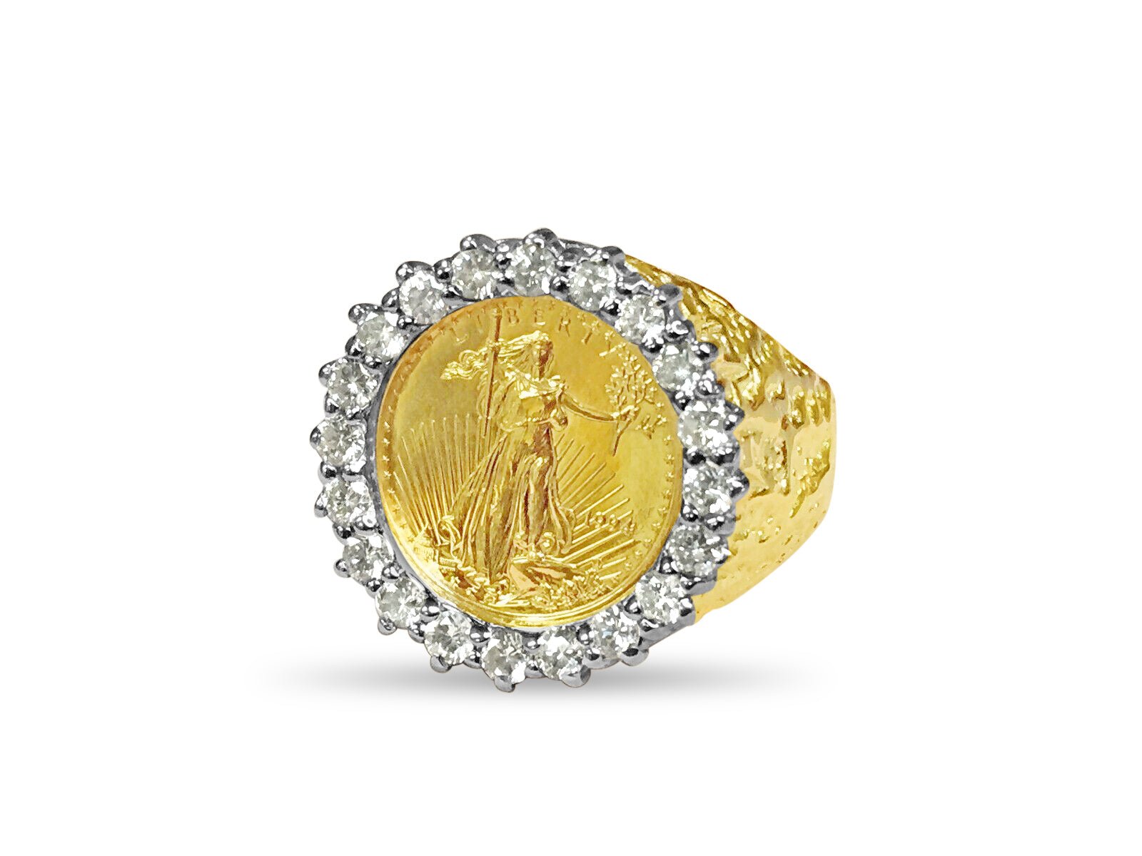 Diamond Nugget Solid White/Yellow/Rose Gold Handmade Coin Ring , 1/10oz Coin , - Overture Gifts