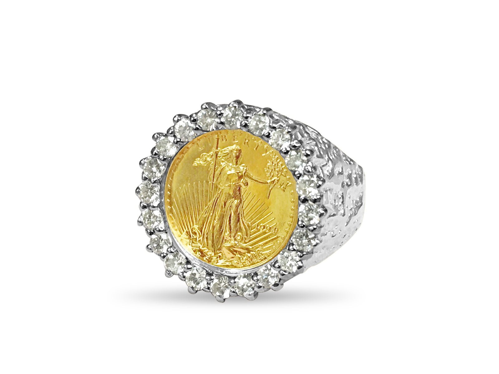 Diamond Nugget Solid White/Yellow/Rose Gold Handmade Coin Ring , 1/10oz Coin , - Overture Gifts