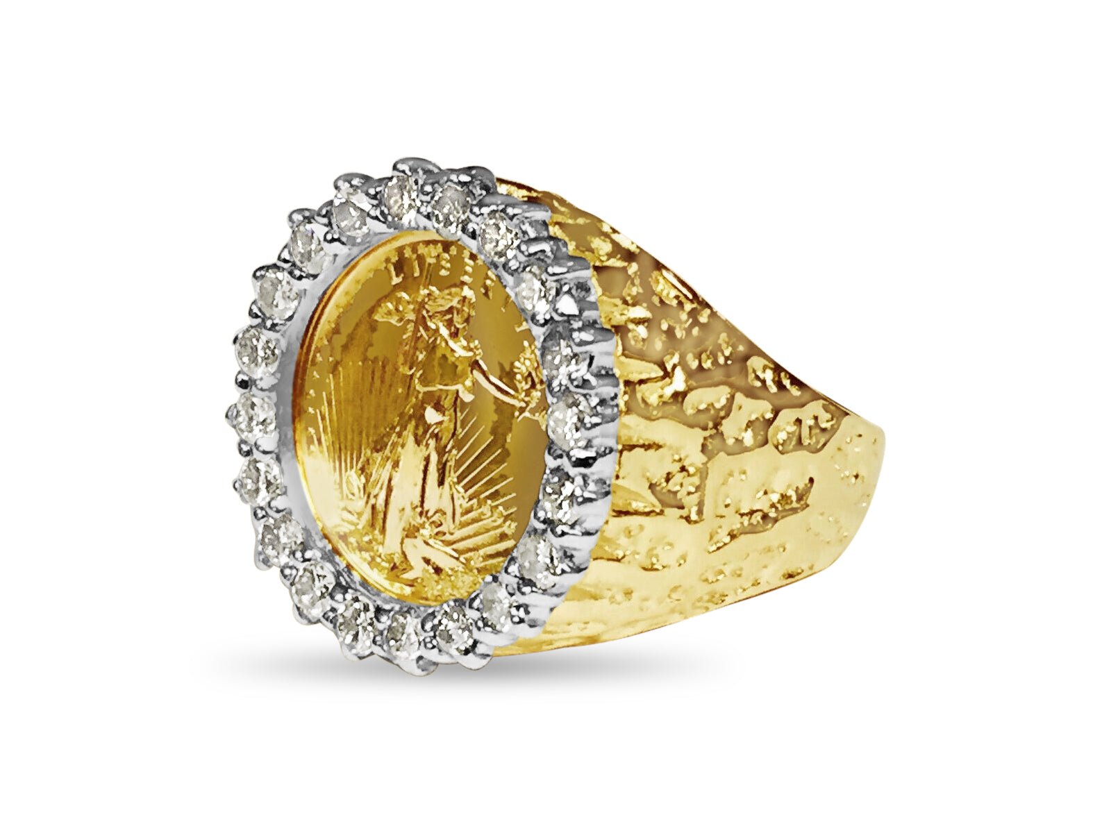 Diamond Nugget Solid White/Yellow/Rose Gold Handmade Coin Ring , 1/10oz Coin , - Overture Gifts