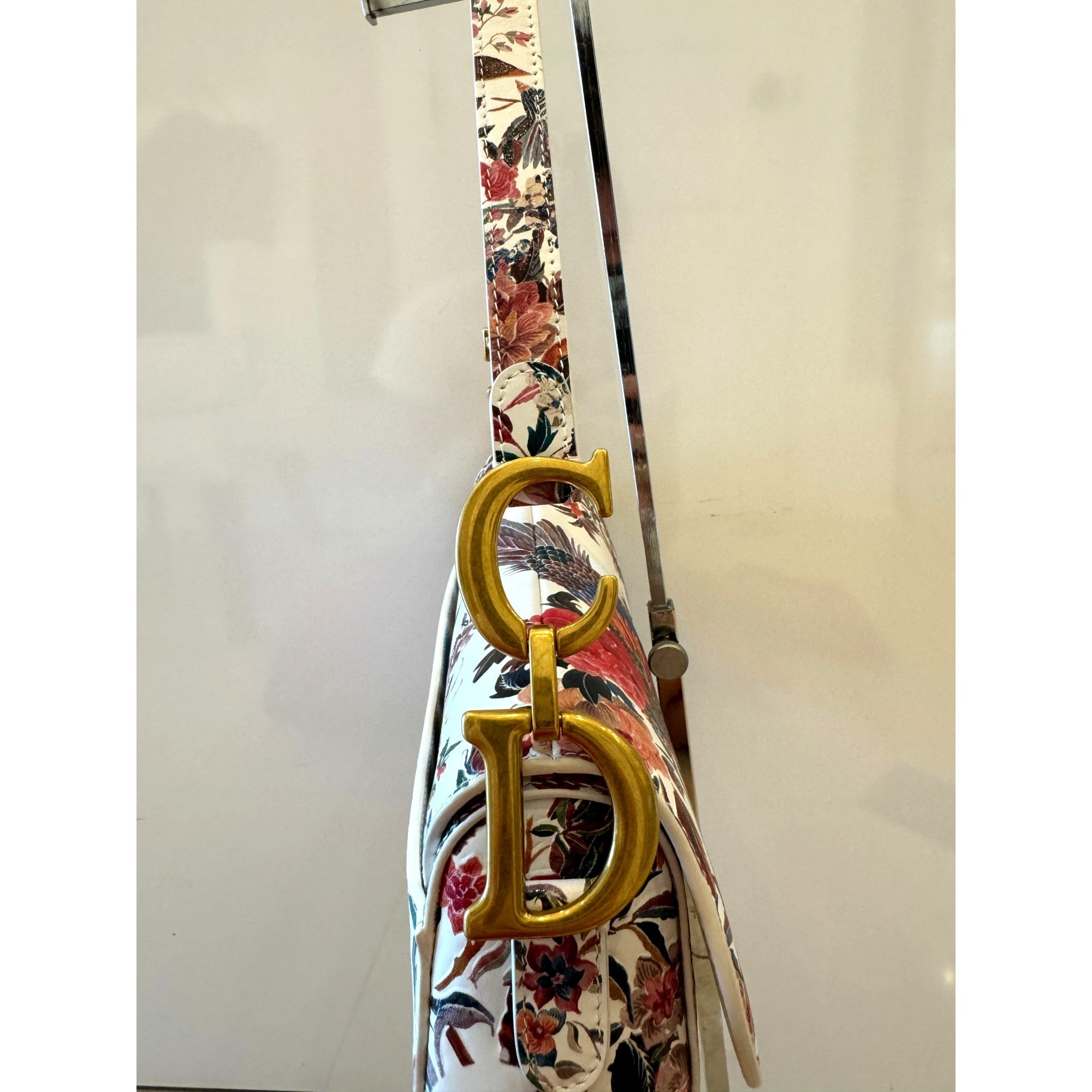 Dior Saddle Floral Bird Print Leather Crossbody Bag with Gold Charm